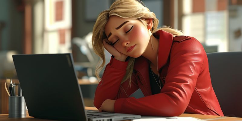 Mulher loira usando jaqueta vermelha aparentando estar cansada na frente de um notebook.