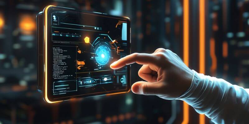 Indicador tocando a tela de um aparelho digital na parede.