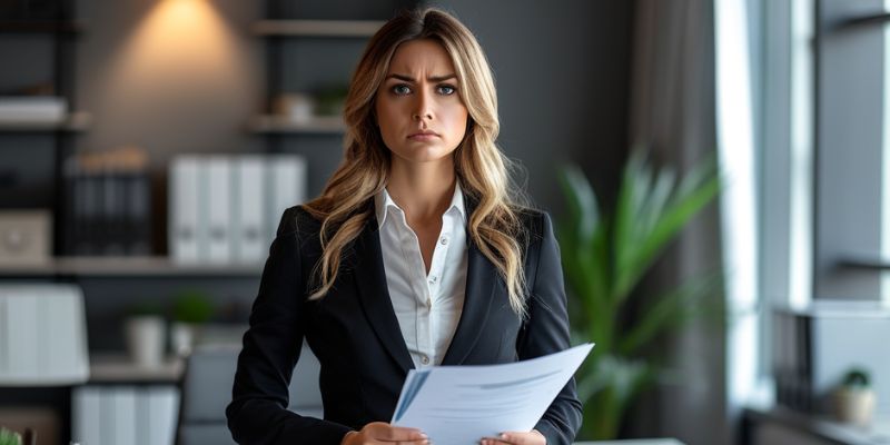 Advogada loira segurando documentos e com expressão de desaprovação